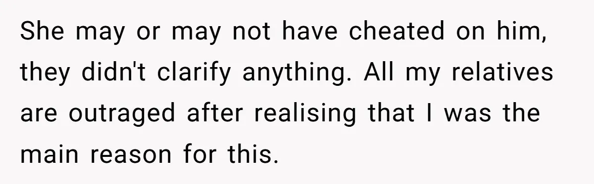 She may or may not have cheated on him, they didn't clarify anything. All my relatives are outraged after realising that I was the main reason for this.
