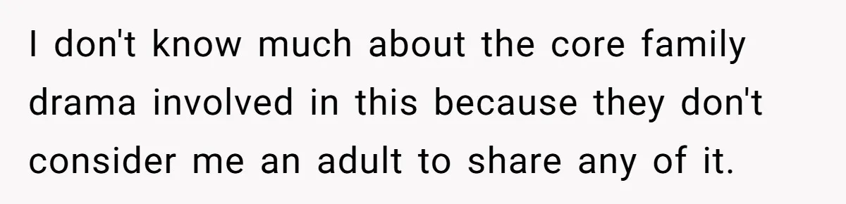 I don't know much about the core family drama involved in this because they don't consider me an adult to share any of it.