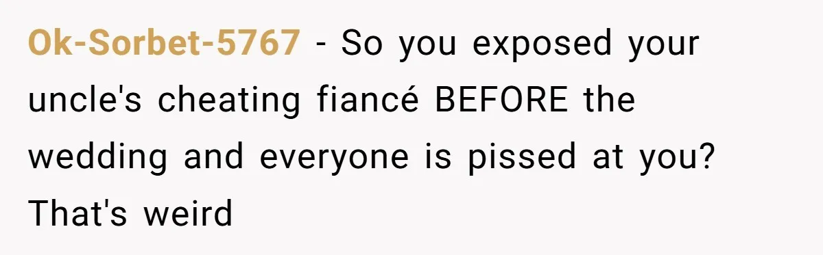 Ok-Sorbet-5767 − So you exposed your uncle's cheating fiancé BEFORE the wedding and everyone is pissed at you? That's weird