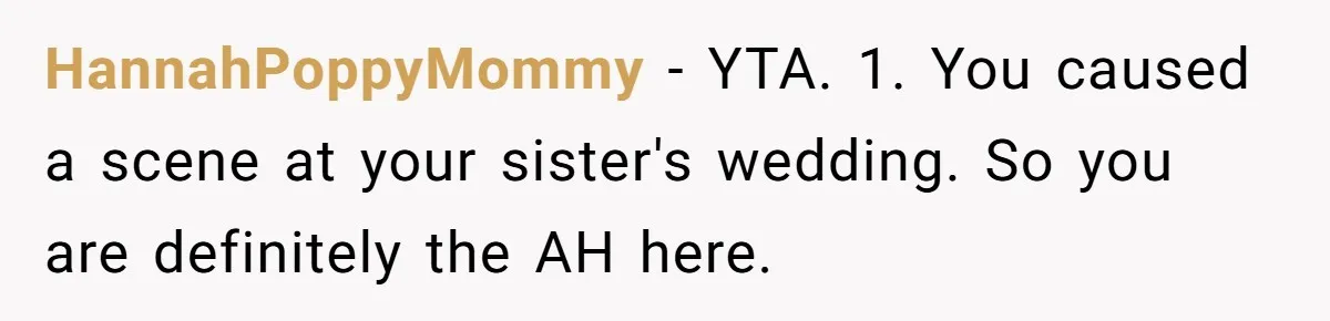HannahPoppyMommy − YTA. 1. You caused a scene at your sister's wedding. So you are definitely the AH here.