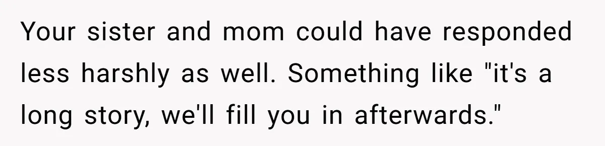 Your sister and mom could have responded less harshly as well. Something like "it's a long story, we'll fill you in afterwards."