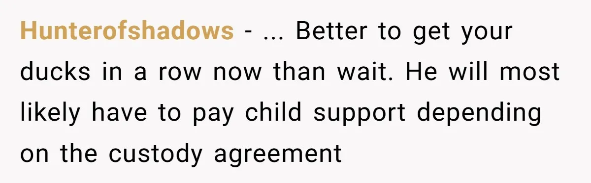 Hunterofshadows − ... Better to get your ducks in a row now than wait. He will most likely have to pay child support depending on the custody agreement