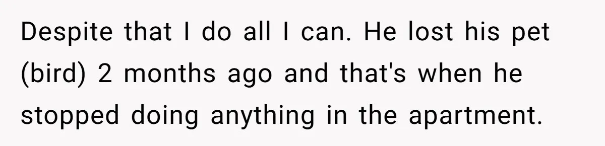 Despite that I do all I can. He lost his pet (bird) 2 months ago and that's when he stopped doing anything in the apartment.