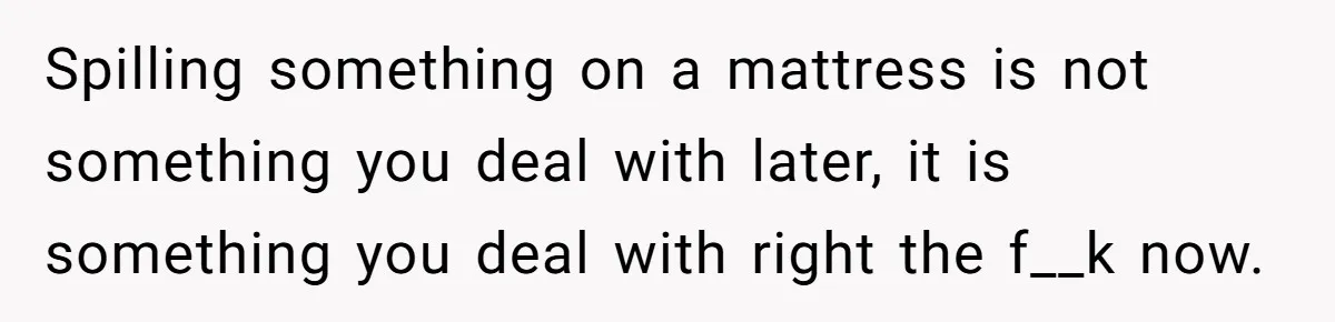 Spilling something on a mattress is not something you deal with later, it is something you deal with right the f__k now.