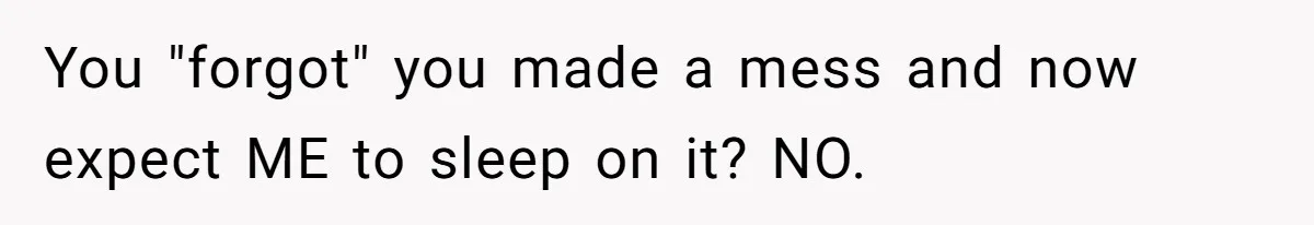 You "forgot" you made a mess and now expect ME to sleep on it? NO.