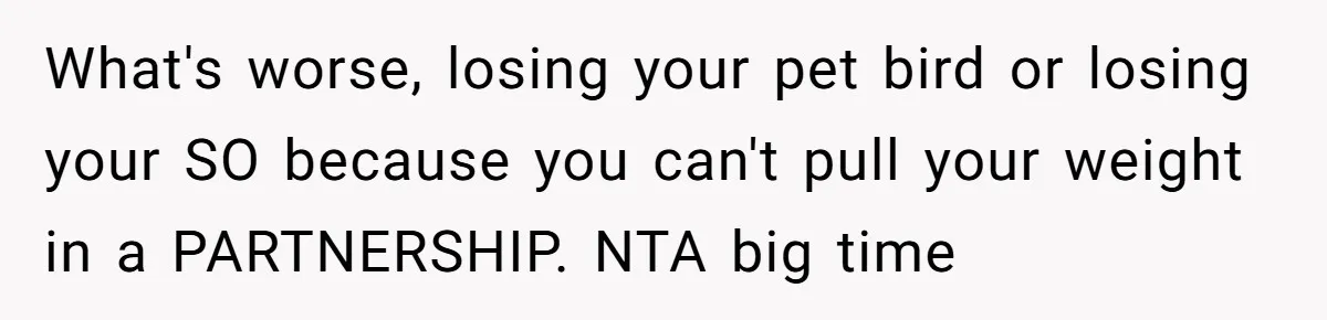What's worse, losing your pet bird or losing your SO because you can't pull your weight in a PARTNERSHIP. NTA big time