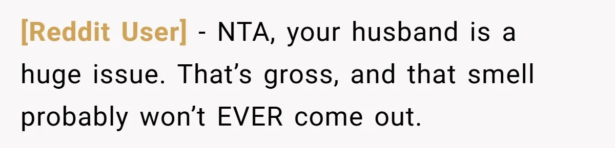 [Reddit User] − NTA, your husband is a huge issue. That’s gross, and that smell probably won’t EVER come out.