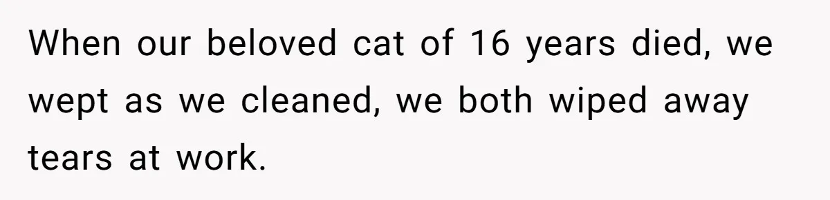 When our beloved cat of 16 years died, we wept as we cleaned, we both wiped away tears at work.