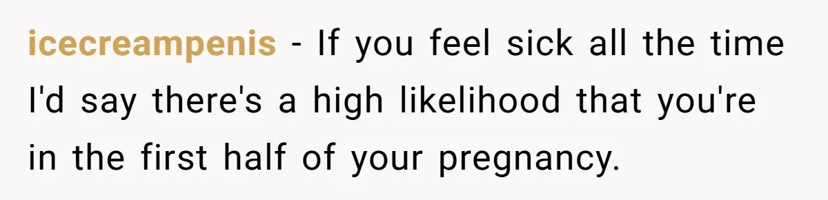 icecreampenis − If you feel sick all the time I'd say there's a high likelihood that you're in the first half of your pregnancy.