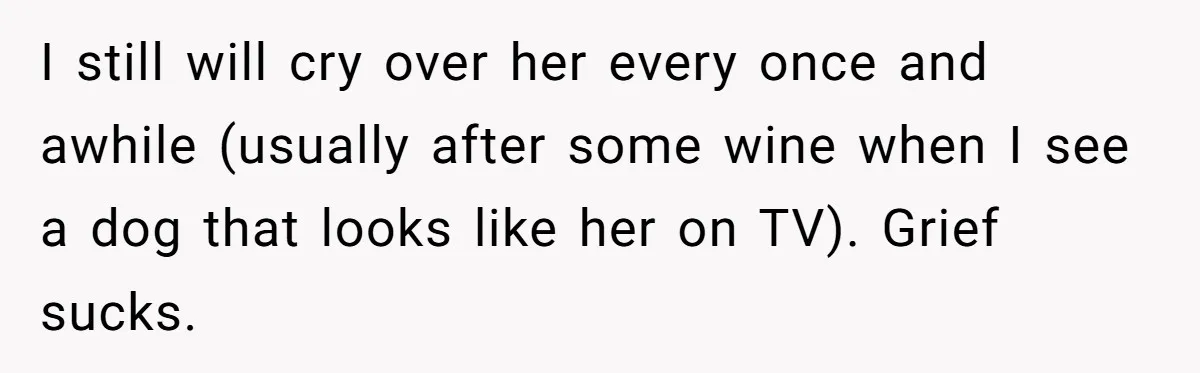 I still will cry over her every once and awhile (usually after some wine when I see a dog that looks like her on TV). Grief sucks.
