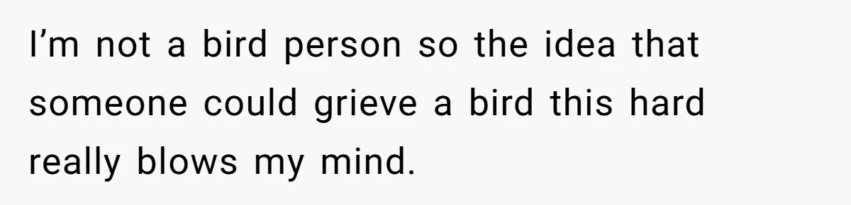 I’m not a bird person so the idea that someone could grieve a bird this hard really blows my mind.