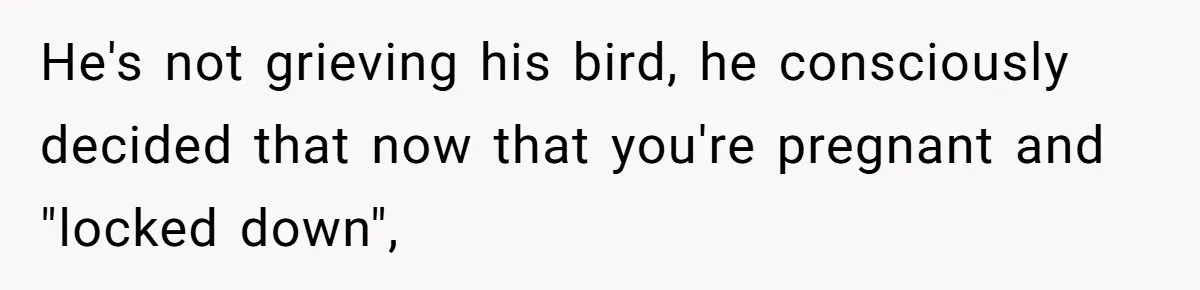 He's not grieving his bird, he consciously decided that now that you're pregnant and "locked down",