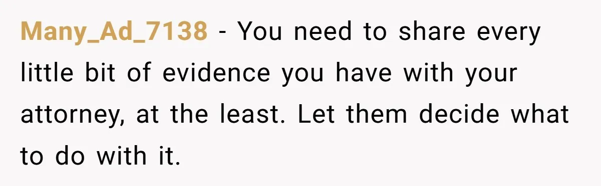 Many_Ad_7138 − You need to share every little bit of evidence you have with your attorney, at the least. Let them decide what to do with it.