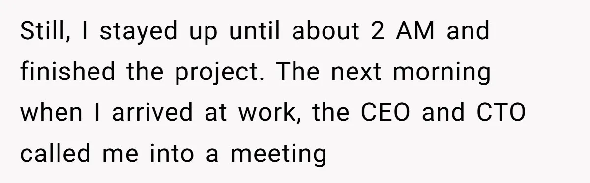Still, I stayed up until about 2 AM and finished the project. The next morning when I arrived at work, the CEO and CTO called me into a meeting