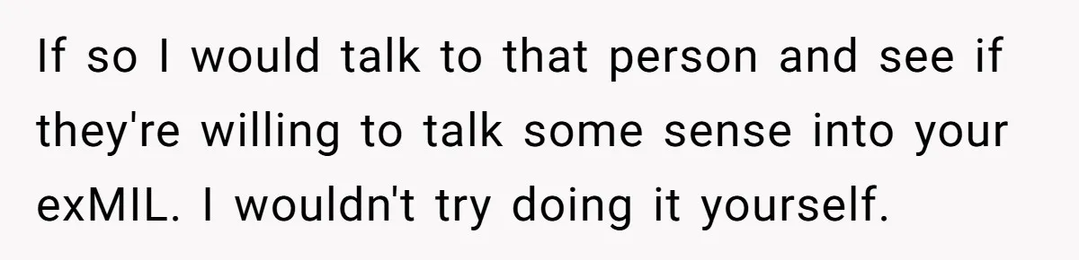 If so I would talk to that person and see if they're willing to talk some sense into your exMIL. I wouldn't try doing it yourself.