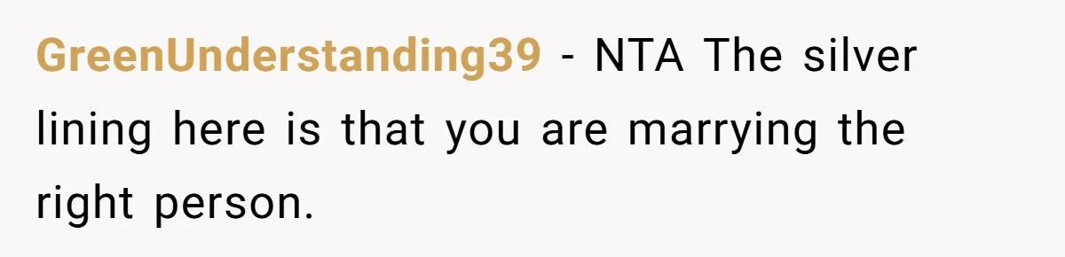 GreenUnderstanding39 − NTA The silver lining here is that you are marrying the right person.