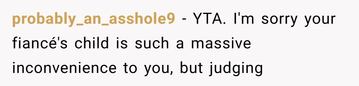 probably_an_asshole9 − YTA. I'm sorry your fiancé's child is such a massive inconvenience to you, but judging