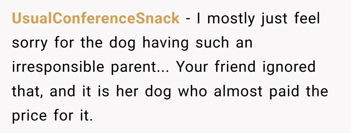 UsualConferenceSnack − I mostly just feel sorry for the dog having such an irresponsible parent... Your friend ignored that, and it is her dog who almost paid the price for...