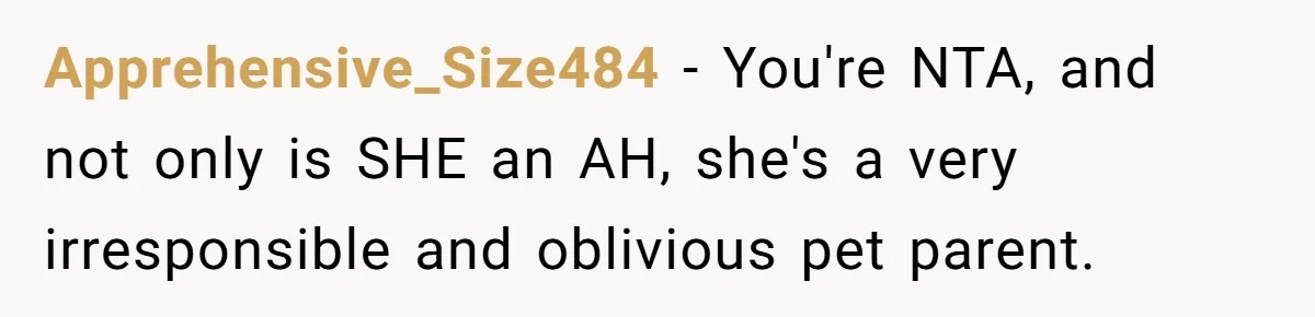 Apprehensive_Size484 − You're NTA, and not only is SHE an AH, she's a very irresponsible and oblivious pet parent.