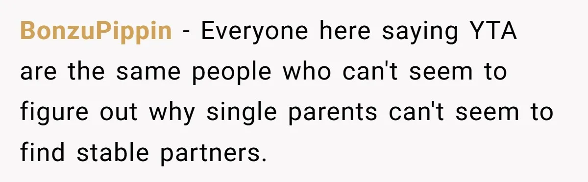 BonzuPippin − Everyone here saying YTA are the same people who can't seem to figure out why single parents can't seem to find stable partners.