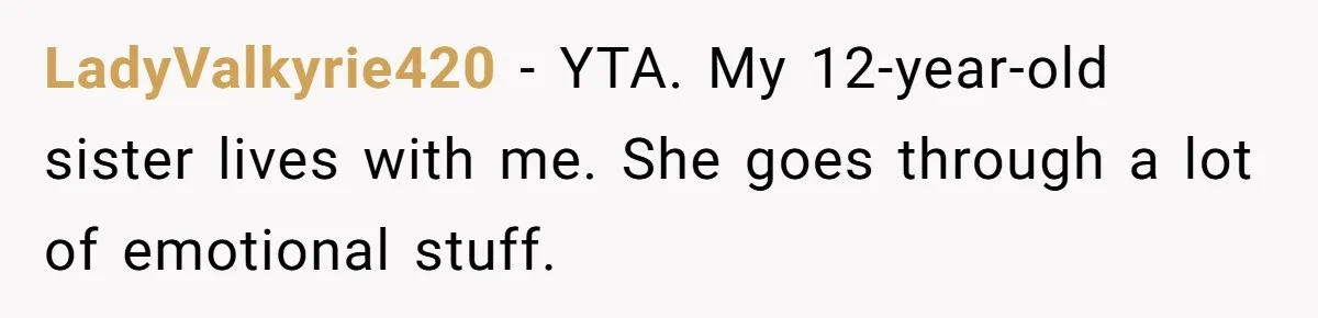 LadyValkyrie420 − YTA. My 12-year-old sister lives with me. She goes through a lot of emotional stuff.