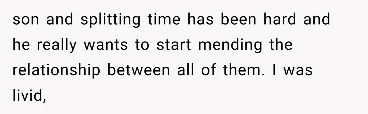 son and splitting time has been hard and he really wants to start mending the relationship between all of them. I was livid,