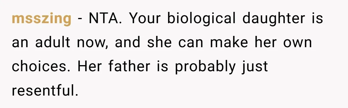 msszing − NTA. Your biological daughter is an adult now, and she can make her own choices. Her father is probably just resentful.