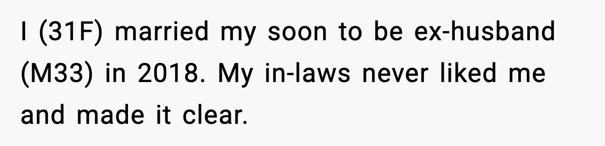 I (31F) married my soon to be ex-husband (M33) in 2018. My in-laws never liked me and made it clear.