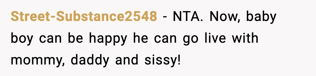 Street-Substance2548 - NTA. Now, baby boy can be happy he can go live with mommy, daddy and sissy!