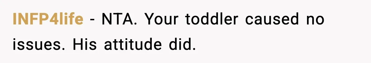 INFP4life - NTA. Your toddler caused no issues. His attitude did.