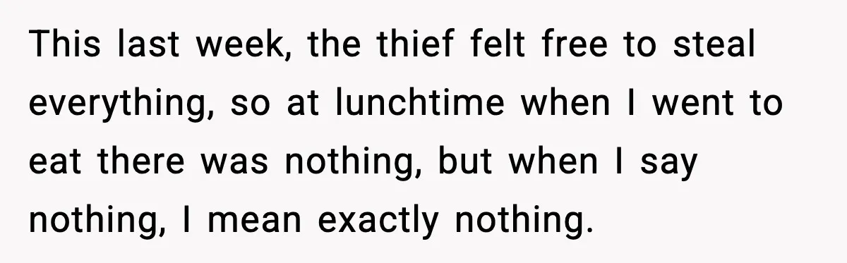 This last week, the thief felt free to steal everything, so at lunchtime when I went to eat there was nothing, but when I say nothing, I mean exactly nothing.