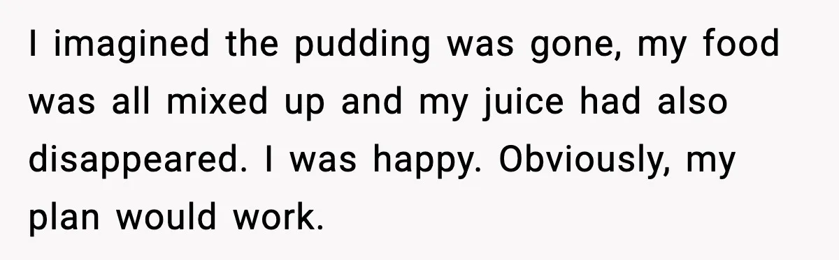 I imagined the pudding was gone, my food was all mixed up and my juice had also disappeared. I was happy. Obviously, my plan would work.