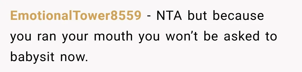 EmotionalTower8559 − NTA but because you ran your mouth you won’t be asked to babysit now.