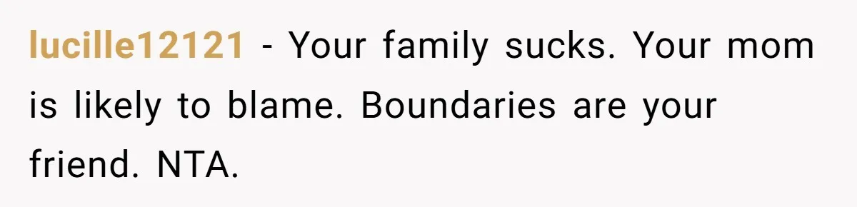 lucille12121 − Your family sucks. Your mom is likely to blame. Boundaries are your friend. NTA.