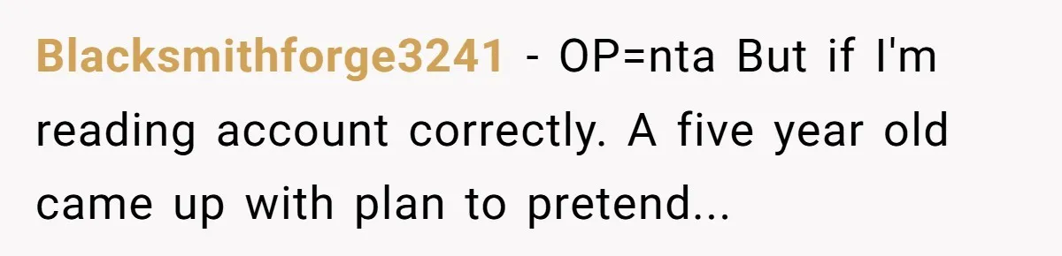 Blacksmithforge3241 − OP=nta But if I'm reading account correctly. A five year old came up with plan to pretend...