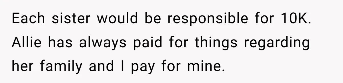 Each sister would be responsible for 10K. Allie has always paid for things regarding her family and I pay for mine.