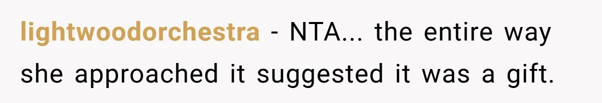 lightwoodorchestra − NTA... the entire way she approached it suggested it was a gift.