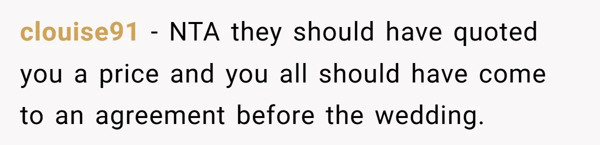 clouise91 − NTA they should have quoted you a price and you all should have come to an agreement before the wedding.