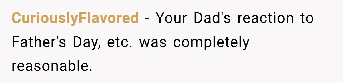 CuriouslyFlavored − Your Dad's reaction to Father's Day, etc. was completely reasonable.
