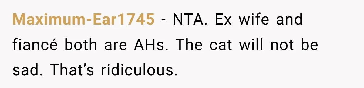 Maximum-Ear1745 - NTA. Ex wife and fiancé both are AHs. The cat will not be sad. That’s ridiculous.