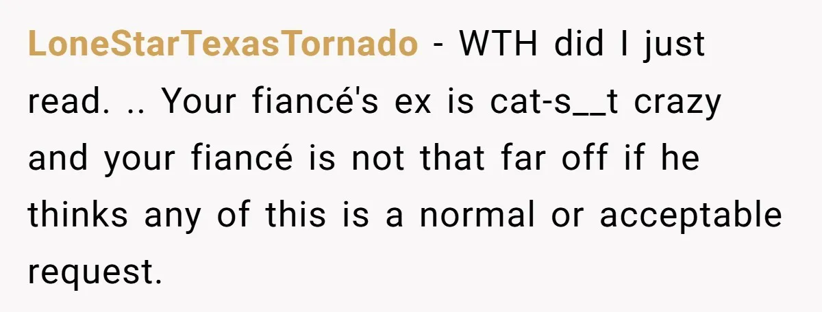 LoneStarTexasTornado - WTH did I just read. .. Your fiancé's ex is cat-s__t crazy and your fiancé is not that far off if he thinks any of this is a...