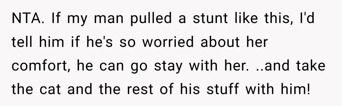NTA. If my man pulled a stunt like this, I'd tell him if he's so worried about her comfort, he can go stay with her. ..and take the cat and...