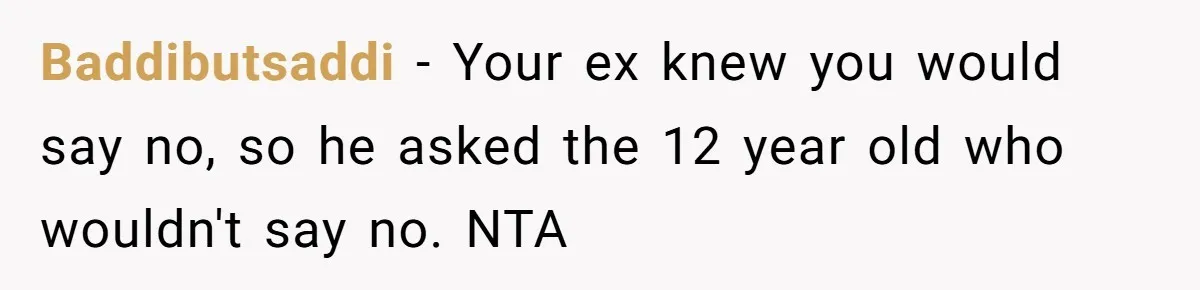 Baddibutsaddi − Your ex knew you would say no, so he asked the 12 year old who wouldn't say no. NTA