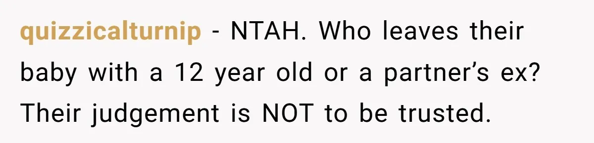 quizzicalturnip − NTAH. Who leaves their baby with a 12 year old or a partner’s ex? Their judgement is NOT to be trusted.