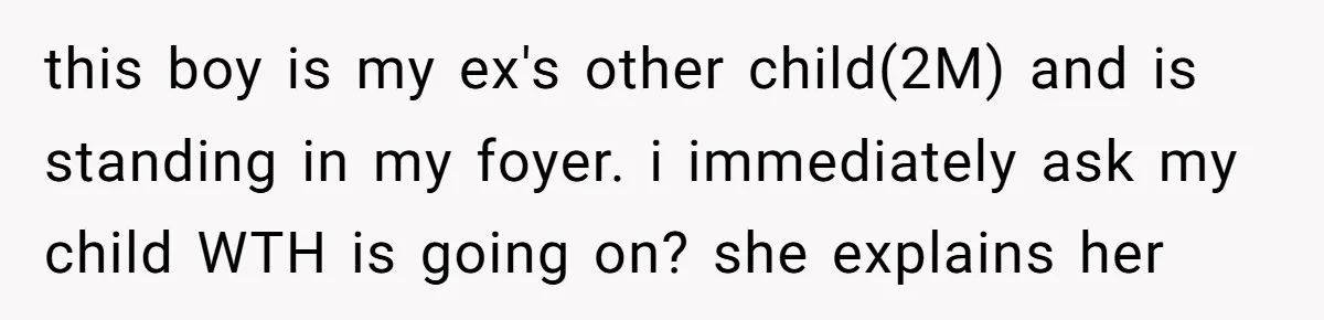 this boy is my ex's other child(2M) and is standing in my foyer. i immediately ask my child WTH is going on? she explains her