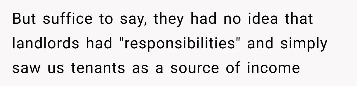 But suffice to say, they had no idea that landlords had "responsibilities" and simply saw us tenants as a source of income