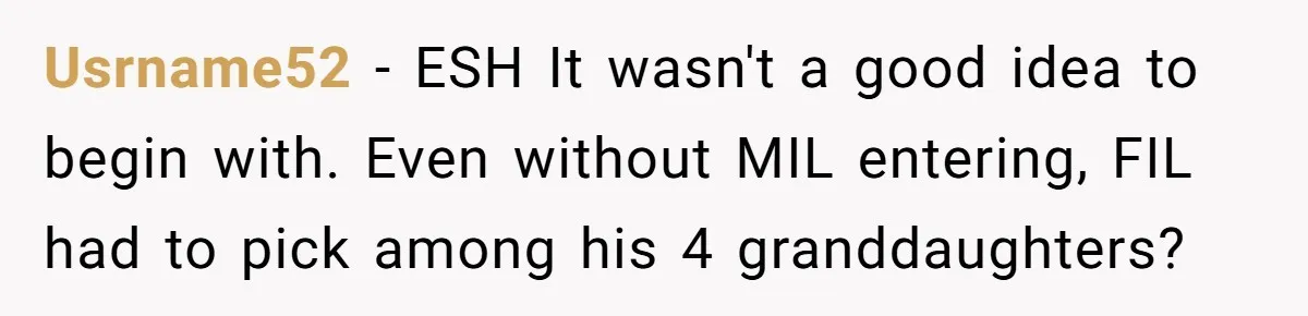 Usrname52 − ESH It wasn't a good idea to begin with. Even without MIL entering, FIL had to pick among his 4 granddaughters?