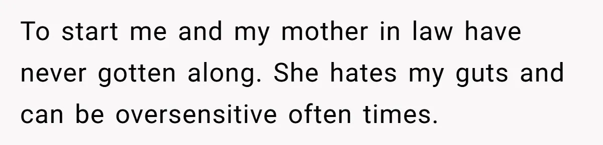 To start me and my mother in law have never gotten along. She hates my guts and can be oversensitive often times.