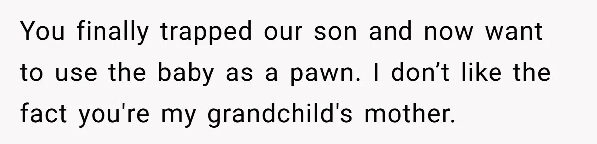 You finally trapped our son and now want to use the baby as a pawn. I don’t like the fact you're my grandchild's mother.