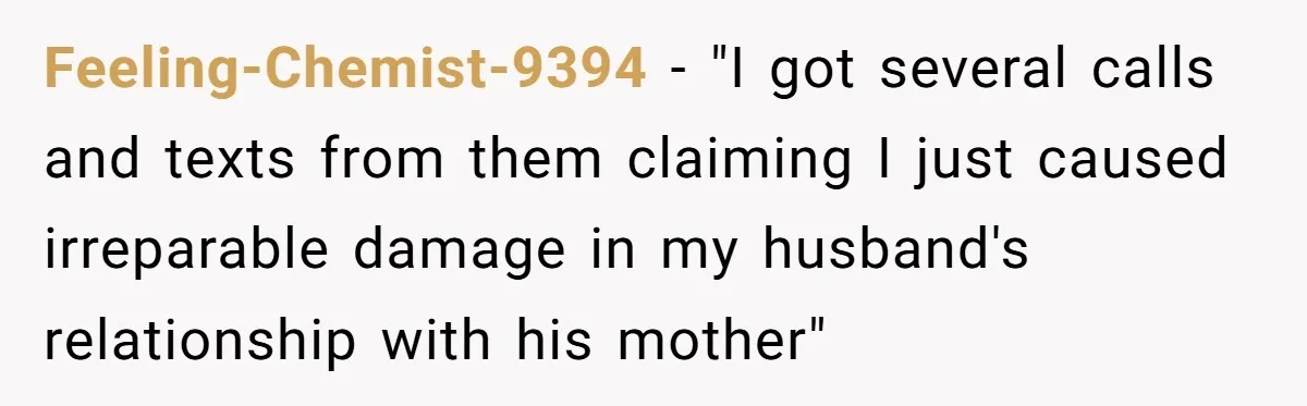 Feeling-Chemist-9394 − "I got several calls and texts from them claiming I just caused irreparable damage in my husband's relationship with his mother"